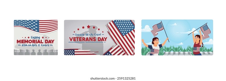 National holidays in America. In honor of military veterans of the United States Armed Forces. People celebrate Veterans Day. Memorial Day concept. Set flat vector illustration.