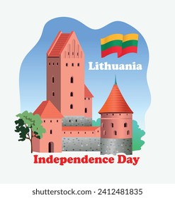 National Holidays. Lithuania Independence Day greeting card. Trakai castle