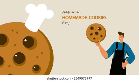 National homemade cookie day.  Hand drawn cartoon flat vector illustration. Banner, poster, greeting card, menu. Tea party, afternoon snak,cafe themed concept background.