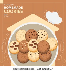 National Homemade Cookies Day on october 1, with vector illustration several types of pastries in a plate,  house and chef hat silhouette and text isolated on abstract background for celebrate day