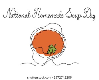 National Homemade Soup Day. Abstract tomato soup in a tureen. continuous single line art drawing sketch, logo