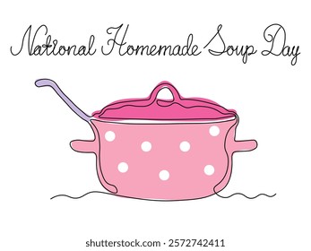 National Homemade Soup Day. Abstract pot of soup and a ladle. continuous single line art drawing sketch, logo