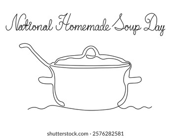 National Homemade Soup Day. Abstract pot of soup and a ladle. continuous single line art drawing sketch, logo