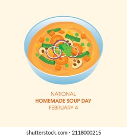 National Homemade Soup Day vector. Bowl of vegetable soup with carrots, mushrooms and green beans icon vector. Healthy vegetable broth icon. Homemade Soup Day Poster, February 4. Important day