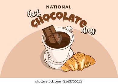 national hot chocolate day, drawing card with coffee, hot chocolate and croissant