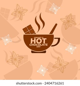 National Hot Chocolate Day event banner. A cup of hot chocolate with a chocolate bar and a spoon, with bold text on a light brown background to celebrate on January 31
