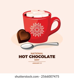 National Hot Chocolate Day poster vector illustration. Red mug of hot chocolate with marshmallow icon vector. Template for background, banner, card. Cup of cocoa drawing. January 31 every year