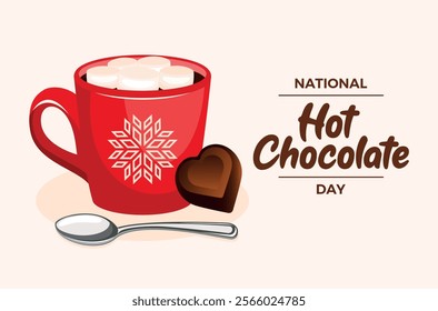 National Hot Chocolate Day poster vector illustration. Red mug of hot chocolate with marshmallow icon vector. Template for background, banner, card. Cup of cocoa drawing. January 31 every year