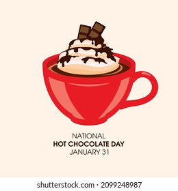 Vector del Día Nacional del Chocolate Caliente. Tasa roja de cacao con vectores de crema batida. Mugre roja con un vector de iconos de chocolate caliente. Afiche del Día del Chocolate Caliente, 31 de enero. Día importante