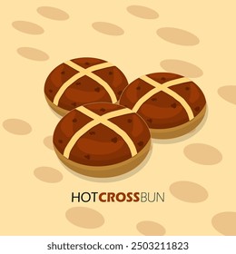 National Hot Cross Bun Day event food banner. Bread made from yeast and usually topped with lemon zest on light yellow background to celebrate on September 11