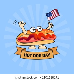 National hot dog day card.  Colorful character with american flag in hand isolated on blue background. Vector poster for fast foods design.