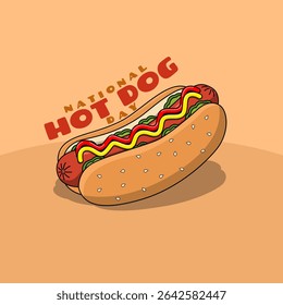 National Hot Dog Day to celebrate on the third Wednesday in July. A delicious hot dog sandwich topped with mustard and tomato sauce on a beige background.