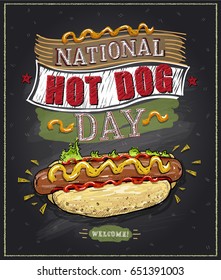 National hot dog day chalkboard poster, vector design