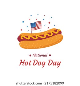 Día Nacional del Perro Caliente. Diseño de un banner, tarjeta de saludo. Un perrito caliente con bandera estadounidense.