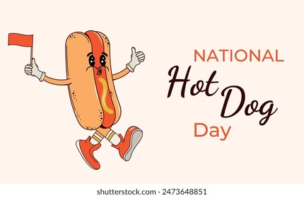 National Hot Dog Day. Holiday. Retro style character holding a flag. Holiday. Picnic and fair. Fast food. Independence. Patriotism. Isolated