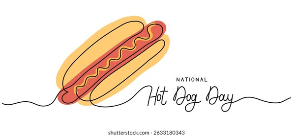 National Hot Dog Day one line art background with food. Editable stroke hand drawn lettering. Text banner template. Outline drawing with typography poster card