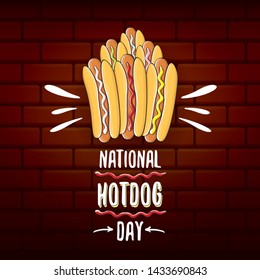 National hot dog day poster with funny cartoon hot dog. Hot dog day label or print for tee.