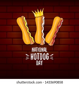 National hot dog day poster with funny cartoon hot dog. Hot dog day label or print for tee.
