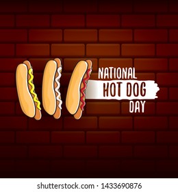National hot dog day poster with funny cartoon hot dog. Hot dog day label or print for tee.