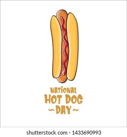 National hot dog day poster with funny cartoon hot dog. Hot dog day label or print for tee isolated on white background.