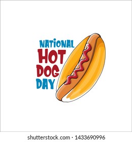 National hot dog day poster with funny cartoon hot dog. Hot dog day label or print for tee isolated on white background.