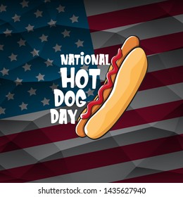 National hot dog day poster with funny cartoon hot dog. Hot dog day label or print for tee isolated on usa flag  background.