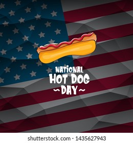 National hot dog day poster with funny cartoon hot dog. Hot dog day label or print for tee isolated on usa flag  background.