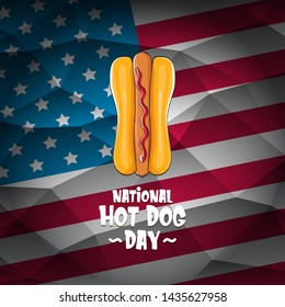 National hot dog day poster with funny cartoon hot dog. Hot dog day label or print for tee isolated on usa flag  background.