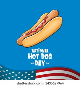 National hot dog day poster with funny cartoon hot dog. Hot dog day label or print for tee isolated on usa flag  background.