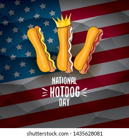 National hot dog day poster with funny cartoon hot dog. Hot dog day label or print for tee isolated on usa flag  background.