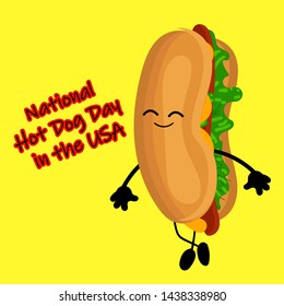 National Hot Dog Day poster with funny cartoon hot dog. Hot dog day label or stamp.