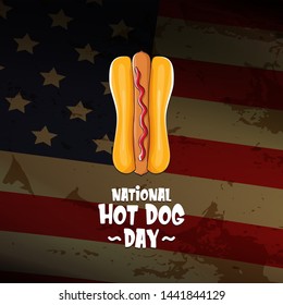 National hot dog day poster with funny cartoon hot dog. Hot dog day label or print for tee isolated on usa flag  background.