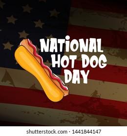 National hot dog day poster with funny cartoon hot dog. Hot dog day label or print for tee isolated on usa flag  background.