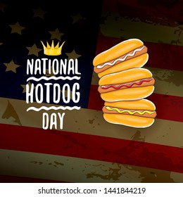 National hot dog day poster with funny cartoon hot dog. Hot dog day label or print for tee isolated on usa flag  background.