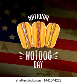 National hot dog day poster with funny cartoon hot dog. Hot dog day label or print for tee isolated on usa flag  background.