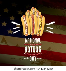 National hot dog day poster with funny cartoon hot dog. Hot dog day label or print for tee isolated on usa flag  background.