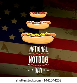 National hot dog day poster with funny cartoon hot dog. Hot dog day label or print for tee isolated on usa flag  background.