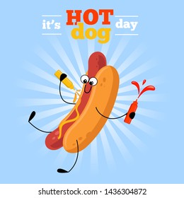 National Hot dog Day Vector Illustration. Funny cartoon hot dog. Template for food summer festival event background,  card, mug, brochures, banner, poster and other promotional marketing mate