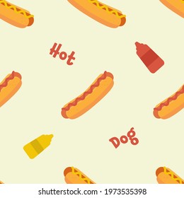 National Hot Dog Day vector seamless pattern with different hotdogs. 