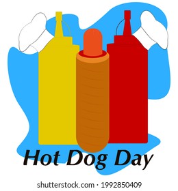 Ilustración vectorial del día nacional del hot dog. Título de Mustache Ketchup de perro caliente vectorial Día Nacional del Perro Caliente. Se puede usar para postales, tazas, folletos, afiches y otros materiales promocionales de marketing.