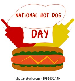 National hot dog day vector illustration. Vector Hot Dog Ketchup Mustache Caption: National Hot Dog Day. Can be used for postcards, mugs, brochures, posters, and other promotional marketing materials.