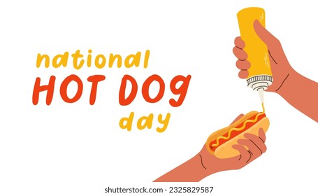 National hot dog day vector banner with hand holding hot dog. Hot dog isolated on white