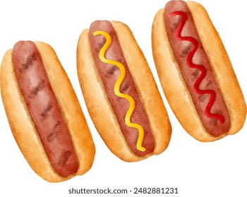 National Hot Dog Day. Hot dog with watercolor drawing.  Design concept of a banner, greeting card.