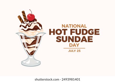 National Hot Fudge Sundae Day poster vector illustration. Vanilla ice cream sundae with whipped cream, chocolate icing and cherry on top vector. Template for background, banner, card. July 25.