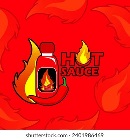 National Hot Sauce Day event banner. A bottle of chili sauce with a red chili, blazing fire and bold text on dark red background to celebrate on January 22