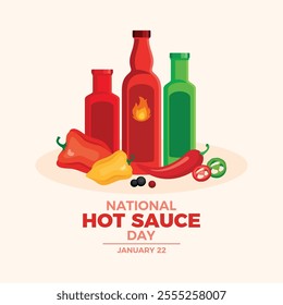 National Hot Sauce Day poster vector illustration. Bottle of hot sauce and chili peppers icon vector. Sauce and condiments drawing. Template for background, banner, card. January 22 every year