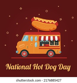 National hotdog day. Festive banner template. Isolated vector illustration with retro hot dog food truck and greeting text. Trendy vintage style cartoon. Street food flat art