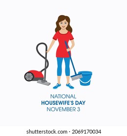 National Housewife's Day Poster with cheerful woman holding a vacuum cleaner vector. Beautiful young woman makes cleaning the house vector. Cute girl cleaning floor at home vector
