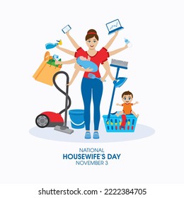 National Housewife's Day poster with cleaning woman vector. Hard working woman icon vector. Hardworking mom drawing. November 3 every year. Important day