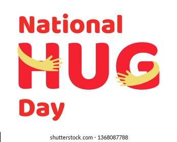 National hug day text in arms embracing flat style vector illustration. Colorful hug sign logo isolated on white background